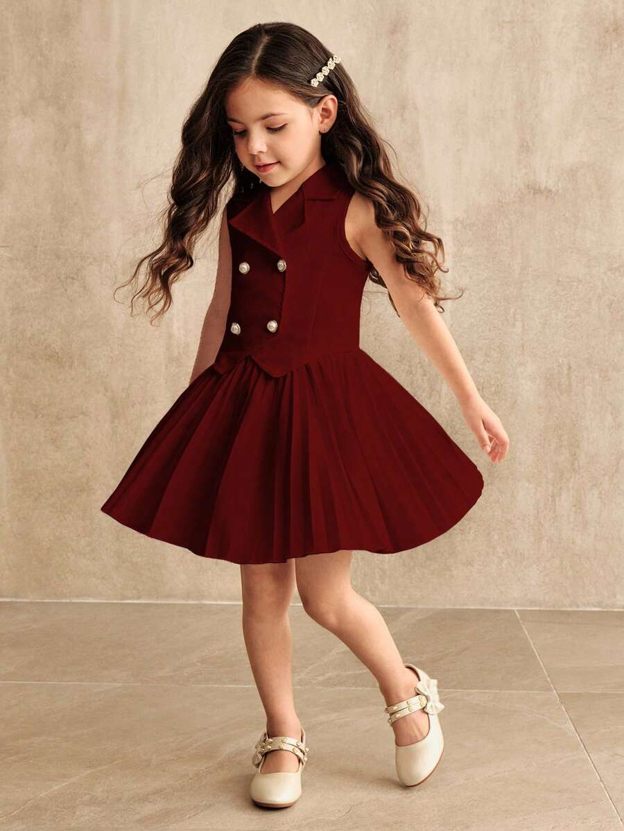 Elladie kids Young Girls Sleeveless Top & Pleated Skirt T-Shirt Set, Suitable For School, Outings And Other Occasions - Burgundy - View 1