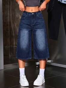 SHEIN ICON Quần jean nữ dáng rộng lửng 3/4, phong cách đường phố thường ngày, thích hợp cho việc đi lại hàng ngày vào mùa hè. - Rửa tối - Xem 3