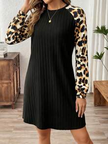 SHEIN LUNE Damen Leoparden-Muster Ärmel Spliced Country Rundhals Strickkleid - Schwarz - Übersicht 4