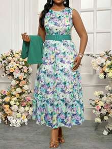 SHEIN Lady Bộ đồ 2 món thanh lịch dành cho nữ cỡ lớn: áo khoác tay lửng 3/4 và váy không tay in hoa. - Nhiều màu - Xem 5