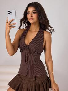 Aidyla Regular Halter Neck Brown Striped Tank Top For Women Sexy Style Lace Up  Women's Brown Woven Striped Sleeveless Halter Neck Cinched Waist A-Line Commuter Tank Top, Spring/Summer Women's Sexy Brown Striped Halter Neck Tank Top With Lace Up Detail Regular Length Women Halter Neck Brown Striped Lace Up Detail Regular Tank Top Sexy Style - Brown - View 1