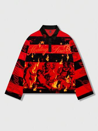 Street Life Camiseta de manga larga con cuello polo, estampado gráfico y rayas, para hombre, otoño/invierno