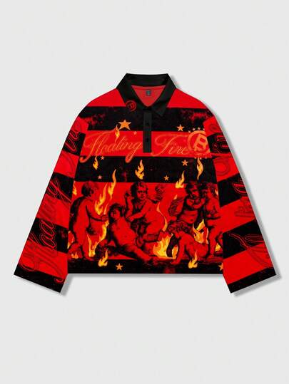 Street Life T-shirt à manches longues avec col polo, imprimé graphique et rayures, pour hommes, automne/hiver