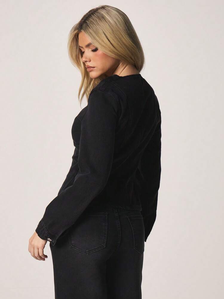 MISSGUIDED Balloon Sleeve Denim Button Up Jacket Long Sleeve Round Neck Cropped Fall Winter Outerwear