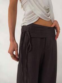 Aloruh Women's Brown Ultra Low Waist Pleated Tie Loose Straight Leg Pants, Spring/Summer - Brown - View 7