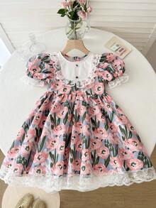 LMoss Kids 女童夏季碎花拼接刺绣网纱泡泡袖连衣裙 - 彩色 - 查看 7