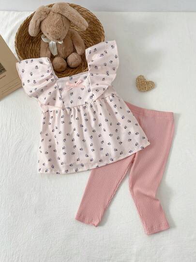 Baby Girls' Floral Dress Set, Baby Girl Ruffle Sleeve Bow Dress + Ribbed Leggings, Sweet Korean Style 2-Piece Loungewear Set Baby Girl Clothes Summer Sets 2pcs Set Toddler Girls Cute Vintage Style