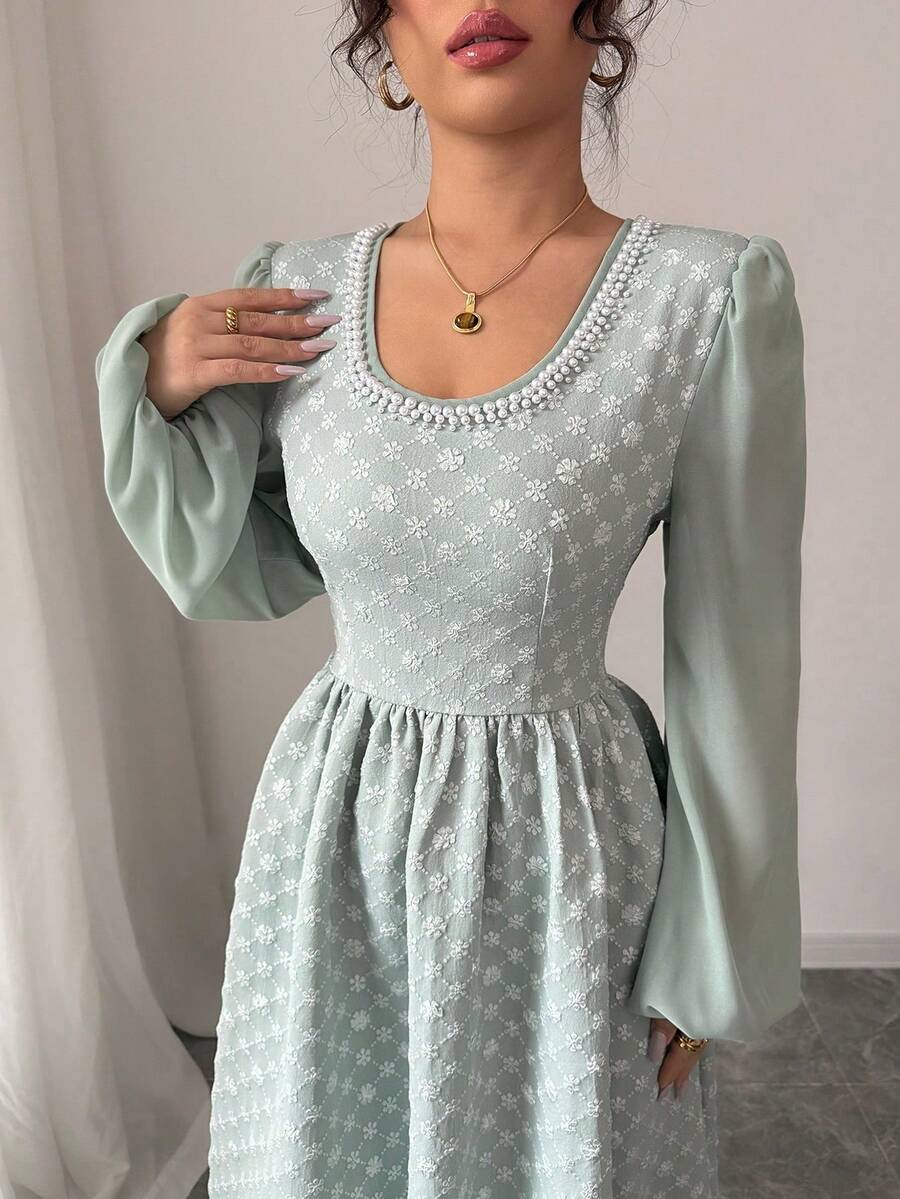 Modelyn 女士黑色提花拼接泡泡珠腰A字优雅连衣裙 - 灰綠 - 查看 1