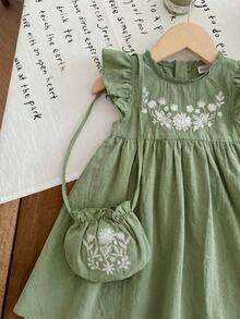 LMoss Kids Đầm casual họa tiết hoa nhí xếp nếp cho bé gái, kèm túi đeo chéo. - màu xanh lá - Xem 5