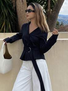 DAZY Striped Print Button Front Belted Shirt - Navy Blue - View 2