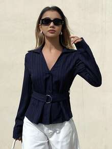 DAZY Striped Print Button Front Belted Shirt - Navy Blue - View 5