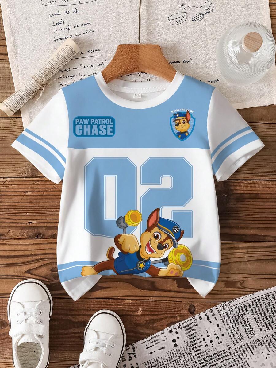 SHEIN | PAW Patrol 男童休闲撞色狗狗印花圆领短袖T恤,夏季 - 白色 - 查看 1