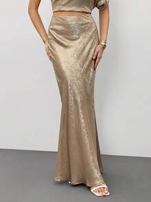 SHEIN Tall 金色纹理低腰超长鱼尾裙，金色半身裙，秋季半身裙，适合夜店派对、外出、秋季女装、复古富贵风、工作/办公室、商务休闲场合 - 金色 - 查看 10