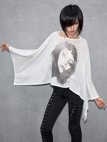 J-Fashion 复古宽松印花图案T恤，女款 - 白色 - 查看 5