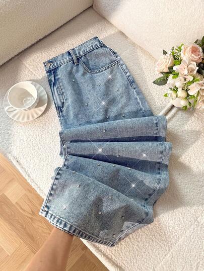 Comfortcana Plus Size Women Casual Fashion Street Chic Daily Commute Rhinestone Decor Loose Wide Leg Jeans Summer Holiday Spring Women Valentine For Women Beach Pants Elegant Party Jeans Birthday Jeans For Women Jeans Glitter Women Sequin Jeans Glitter Jeans Sparkly Jeans Stylish Women Light Denim Skirt With Dazzling Crystal Studs Casual Chic