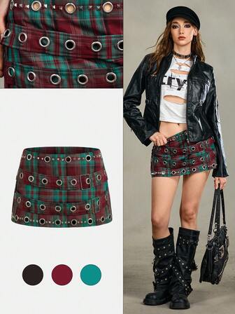 Grunge Punk Minigonna aderente a vita ultra bassa in stile retrò e sexy a quadri