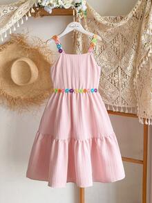 SHEIN Vintaside Kids 少女粉色纹理面料花卉吊带装饰度假夏季甜美可爱百搭公主裙 - 粉色 - 查看 4