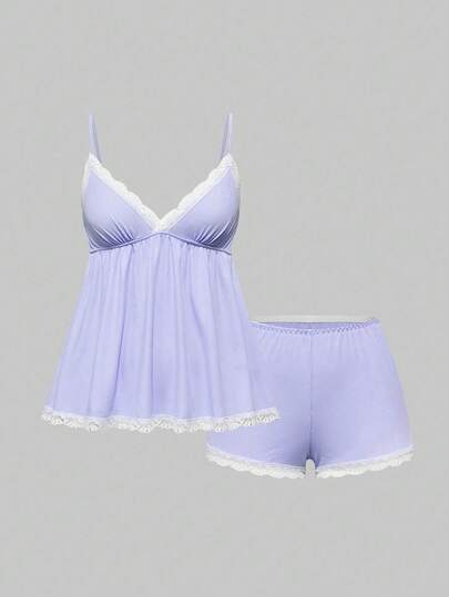 Ensemble pyjama casual débardeur côtelé et short en dentelle