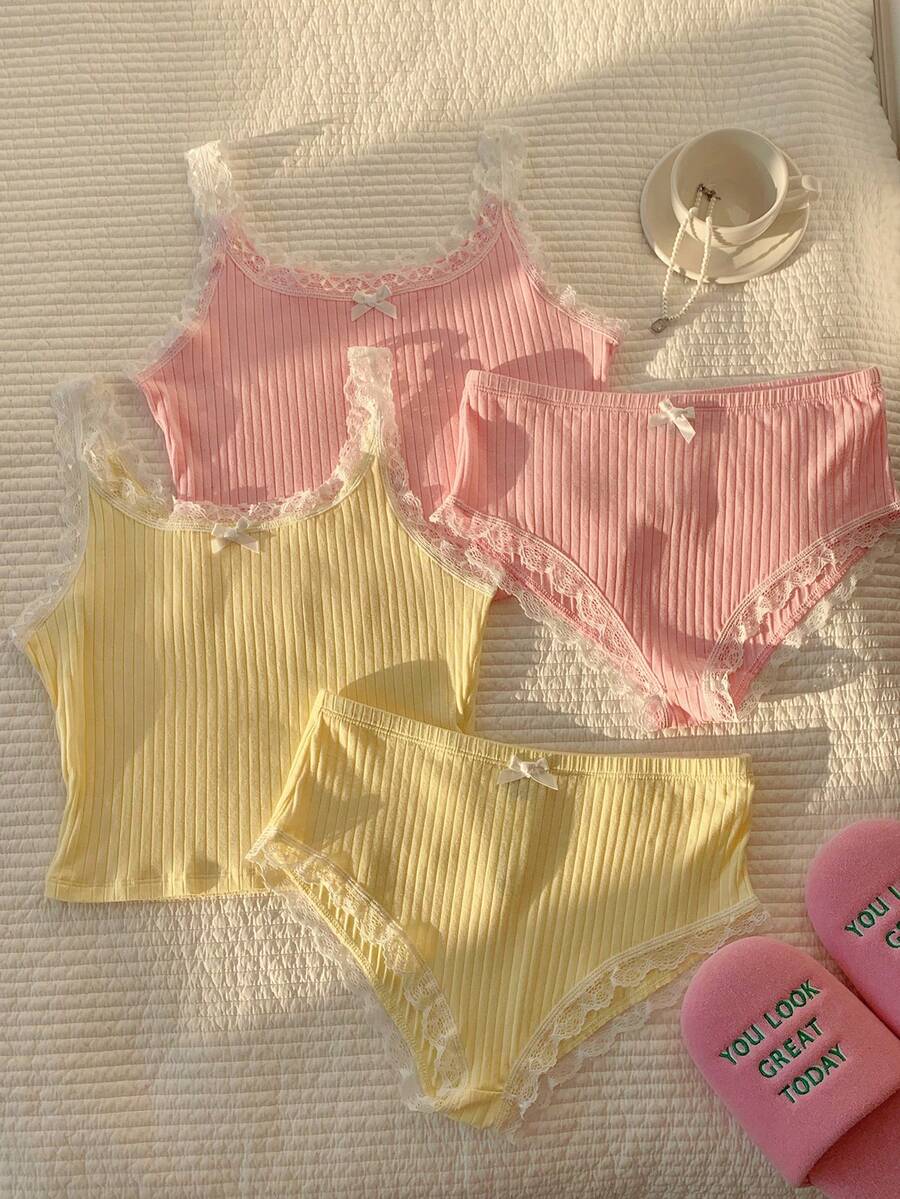 CovetEZ 2pcs Women Contrast Lace Camisole And Panty Set - Multicolor - View 1