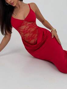 Aloruh Đầm ren đỏ xếp ly, gợi cảm, lãng mạn cho buổi hẹn hò ngày Valentine dành cho phụ nữ - Đỏ - Xem 8