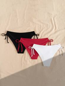 Swim Vcay 3pcs Women's Multicolor Bikini Bottom With Tie,Weddings & Events, Bikini Drawstring, Bathing Suit Bottoms, Solid Color Bikini,Valentine's Day - Multicolor - View 3