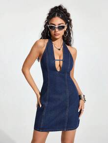 Jeanoix Đầm denim hở lưng cổ yếm dành cho nữ, thiết kế gợi cảm, thích hợp cho các buổi hẹn hò và đi chơi. - Rửa tối - Xem 3