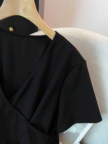 GlowEve CURVE 大码女式复古刺绣拼接亚麻混纺圆领纽扣衬衫，春夏款 - 黑色 - 查看 5