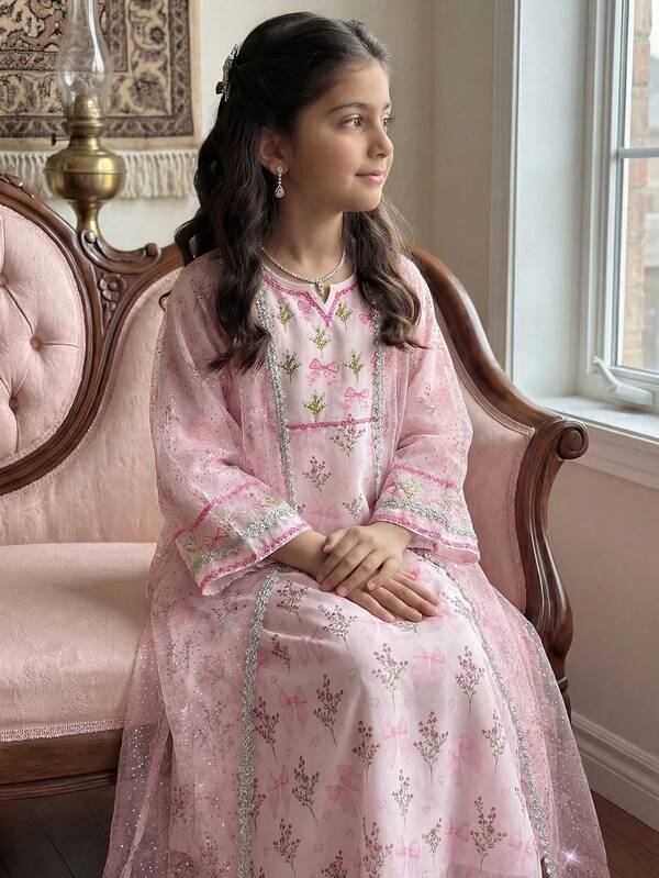 SHEIN Young Girls' Elegant Luxury Long Dress With Black & Gold Color, Paired With Gold Ribbon Mesh Cardigan 2 Pieces Set