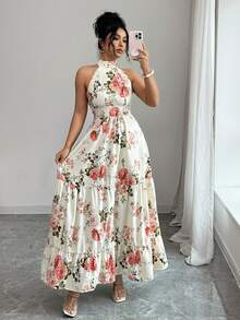 Elenzga 女士杏色底多色印花面料露背无袖高端设计收腰喇叭连衣裙，优雅精致，适合情人节、复活节、狂欢节、劳动节、生日礼物、约会、派对、正式场合、教师装、活力造型、旅行度假、春夏穿着。 - 彩色 - 查看 3
