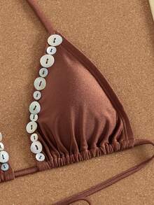 Swim Chiccia Elegant Coffee Brown Bikini Set,Shiny Luminous Two Pieces Swimwear With Hand-Embroidered Button Shell,Summer Casual Beach Vacation Holiday Outfit - Brown - View 6