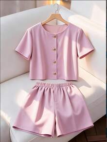 GlowEve 2pcs Women's Casual Short Sleeve Set, Elevated Style - Mauve Purple - View 1