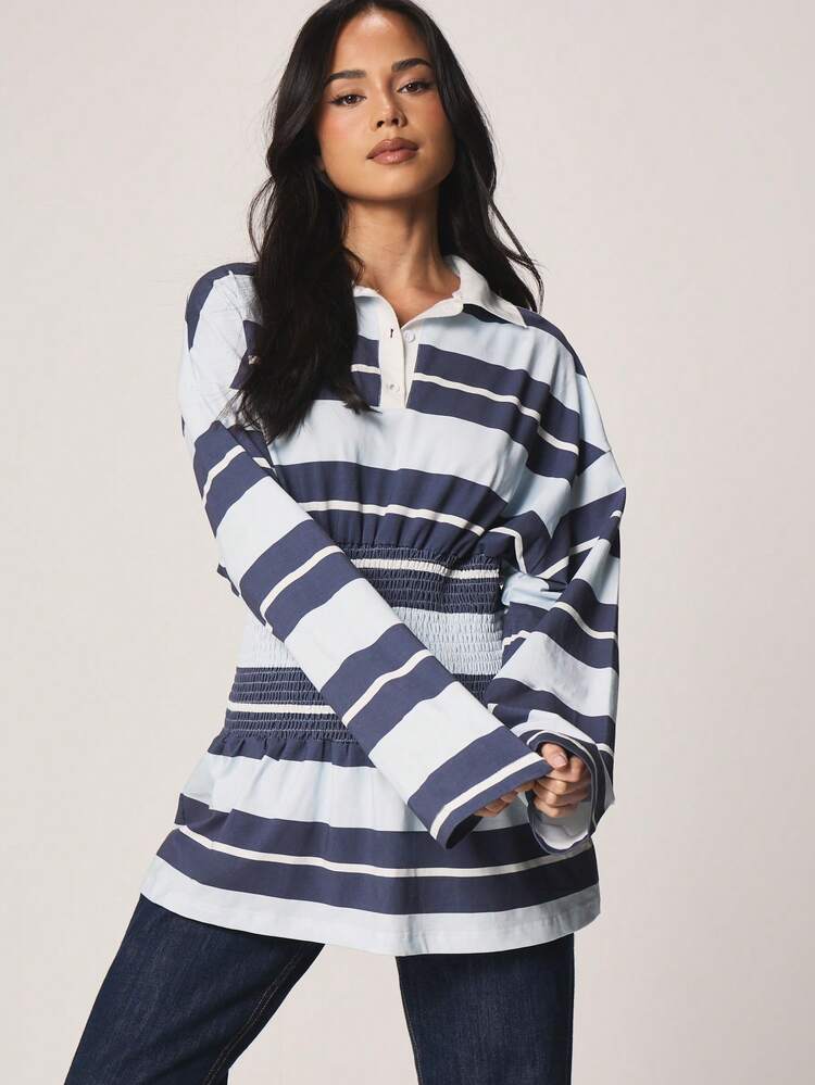 MISSGUIDED Top Polo de Rugby Listrada com Cintura Franzida Elástica, Manga Longa, Gola, Casual, Ajuste Relaxado, Túnica para Outono e Inverno