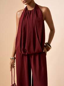 Zivah 2026 Spring/Summer New Music Festival, Easter, St. Patrick's Day, Valentine's Day, Date, Western, Nomadic, Birthday Party, Graduation, College, Student, Daily Wear, Basic Versatile, Casual, Vacation, Cruise Travel, Beach, Sunbathing, Viral , Streetwear, Wedding Guest Boho, Commute, Brunch, Airport, Party, Holiday Outing, Office Wear Sleeveless Vest Top And Linen Brown Drawstring Pants 2-Piece Set - Brown - View 6