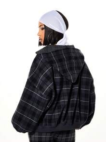 SUMWON WOMEN Oversized Check Zip Through Hooded Cardigan Sweater With Ribbed Knit Cuffs And Waistband For Layering - Black - View 2