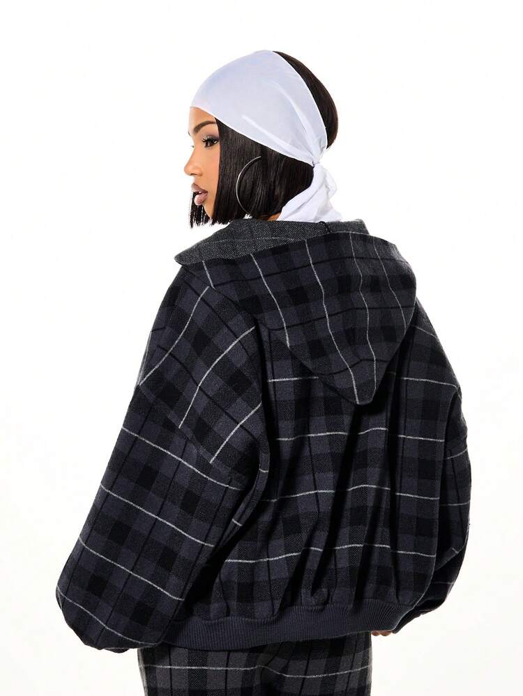 SUMWON WOMEN Oversized Check Zip Through Hooded Cardigan