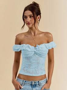 SHEIN BAE Women's White Textured Knit Off-Shoulder Ruffle Front Twist Bodycon Top, Summer Blouse - Baby Blue - View 3