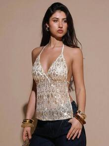 SHEIN BAE 女士花卉亮片露背性感时尚吊带上衣 - 杏色 - 查看 6