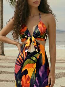 CAJUNI Women's Casual Vacation Parrot & Monstera Leaf Print Cami Mini Dress - Date Outfit - Tropical - Multicolor - View 3