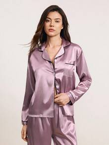 2 件套女士纯色缎面睡衣套装，长袖有领衬衫和长裤家居服，适合家居服、秋冬装、秋季服装 - 彩色 - 查看 9