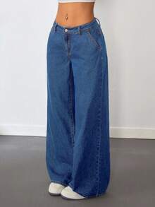 SHEIN Tall Women's Low Waist Straight Leg Blue Jeans - Dark Wash - View 3