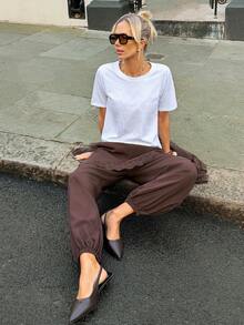 Siren Gaze New Spring Style Brown Faux Two-Piece Culottes For Women, Asymmetrical Lace-Trimmed Lantern Pants, Fashionable Travel Wear, Casual Trousers. Summer