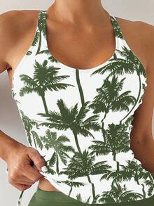 Swim Lushoire Women's Palm Tree Print Tankini Swimsuit Set, Beach Vacation - Olive Green - View 3