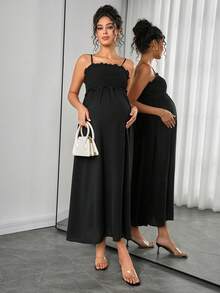 Maternity Solid Color Frill Trim Camisole Nursing Dress, - Black - View 7