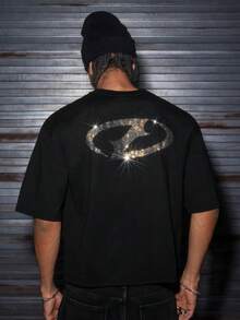 AXEPEAK 男士水钻几何图案圆领宽松休闲短袖T恤 - 黑色 - 查看 3