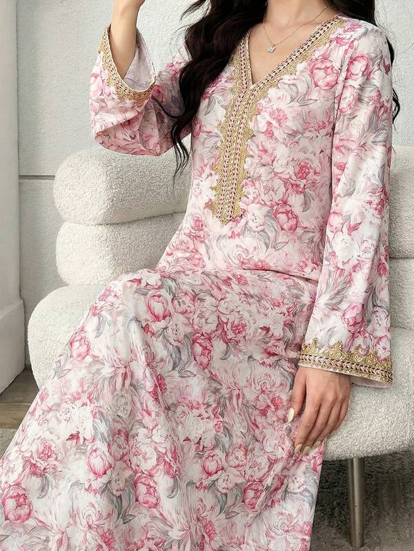 SHEIN Teen Girls Floral Print, Crochet Patchwork, Long Sleeve Dress, Modest Elegant A Line Kaftan & Jalabiya Dress, For Evening Party/Wedding Guest/Anniversary/Daily Wear, Teen Girl Green Woven Patchwork Printed Gold Ribbon Casual Dress Abayas For Girls Abaya Dress For Girls Light Green Modest Dress Long Modest Dresses For Girls And Ladies Teen Modest Dress,Blue Haze Blue Linen Chiffon Patchwork Print Tassel Tie Waist Casual Dress, Spring & Summer Light Grey Blue Dress Teenager Dress Abaya Dusty Blue