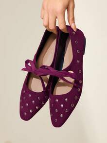 CUCCOO CHICEST 新款蝴蝶结装饰纯色休闲舒适方头平底鞋，适合春秋季穿着。 - 酒紅色 - 查看 5