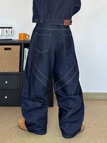 STEELVANCE 男士印花宽松直筒牛仔裤 - 深色水洗藍 - 查看 5