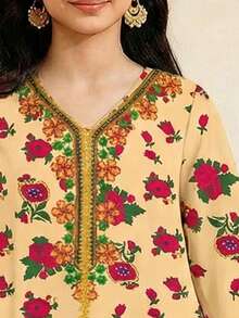 Girls Multicolor Fabric Long Sleeve V Neck Dress With Botanical Pattern - Multicolor - View 3