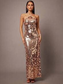 Silquee Sexy Sequin Solid Color Halter Elegant Bodycon Dress - Champagne - View 4