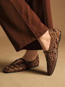 Rosivie 优雅镂空平底女鞋，时尚舒适，法式方头设计，尽显优雅气质 - 棕色 - 查看 5